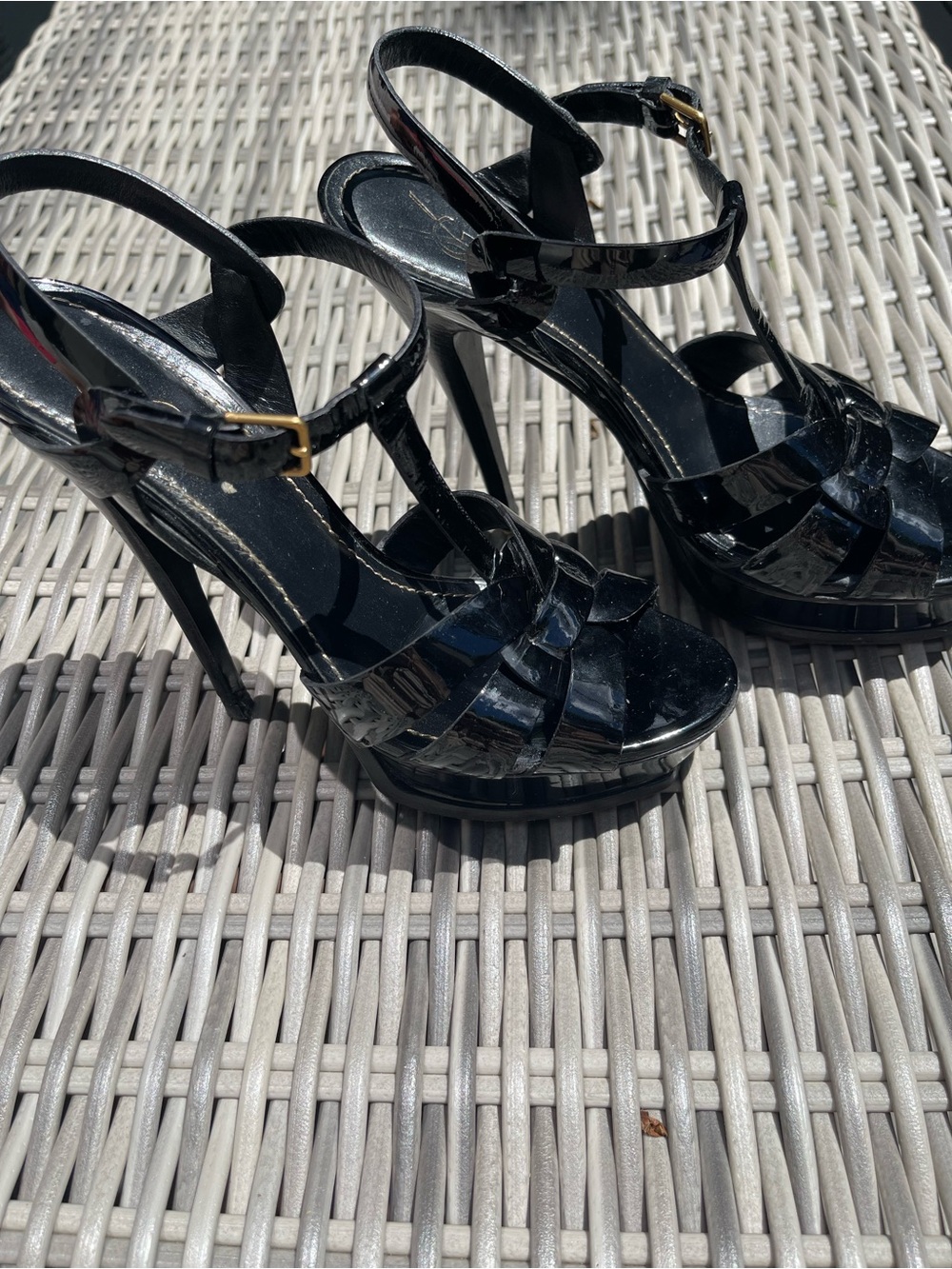 YSL Tribute Black Patent High Heel Platform Sandals - Women's Strappy Stilettos